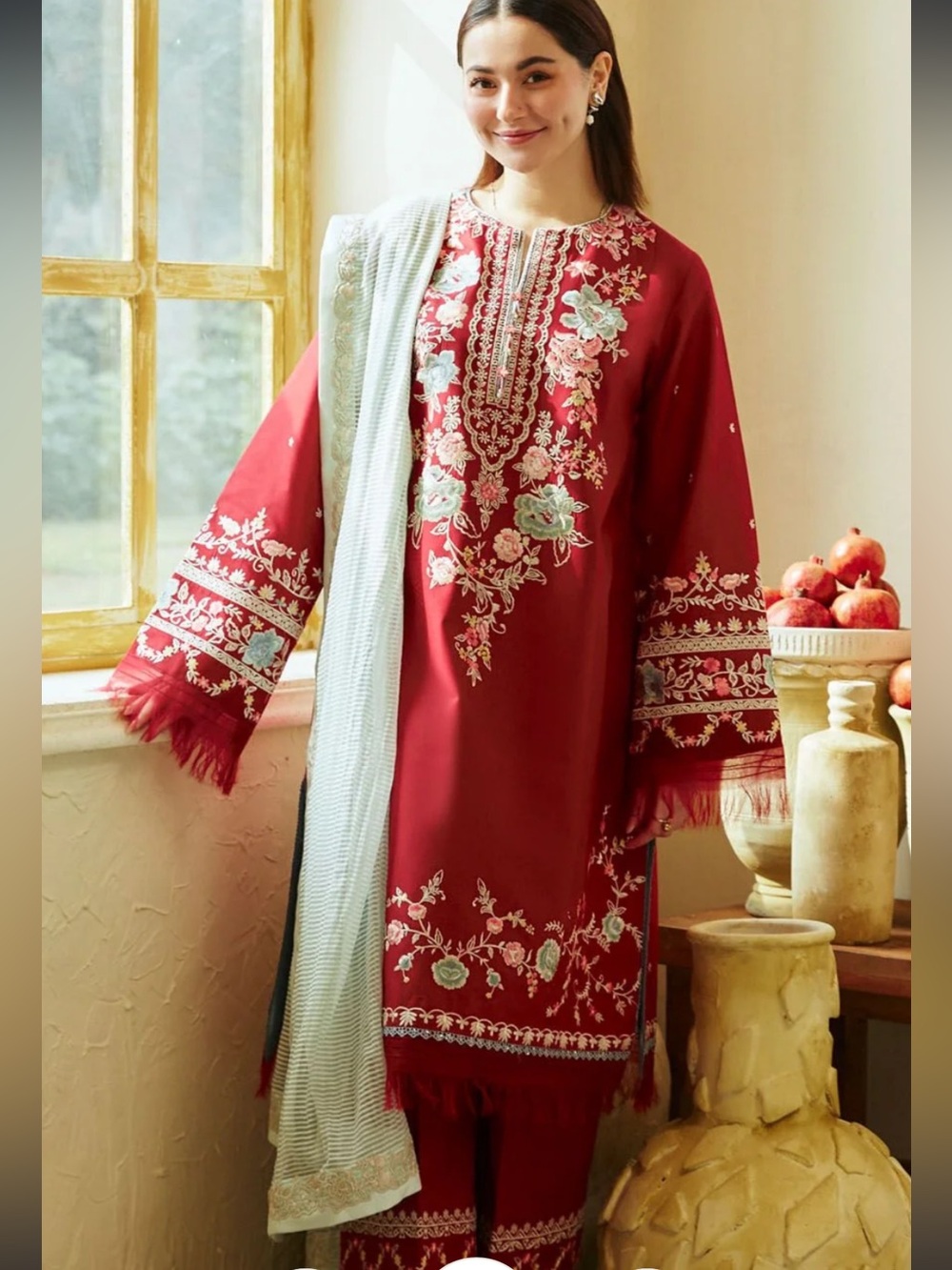 Embroidered Red Midi Dress with Mint Accents